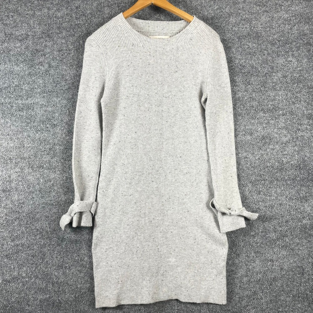 LOFT Sweater Dress Womens Small Gray Confetti Ribbed Knit Tie Sleeve Crew Neck‎